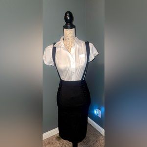 Black & white pin stripe skirt w suspenders buttons detail front sides slit back